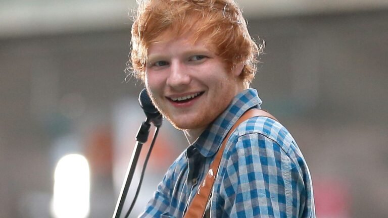 Ed Sheeran writing music, performing on stage, and collaborating with top artists.