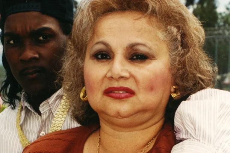 Griselda Blanco, a Colombian drug lord known as the 'Black Widow,' wearing a patterned blouse with a serious expression. A key figure in the Miami drug trade during the 1970s and 1980s.